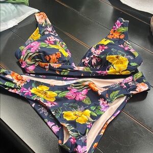 Kona Sol Floral Bikini - Navy and Yellow